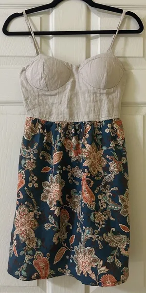 Band of the Free Bustier Dress Sz XS Linen Silky Floral Sleeveless Boho Artisan thumbnail 1