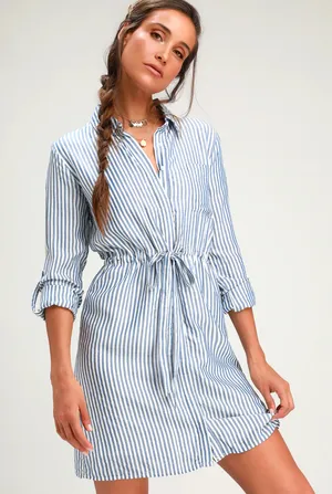 Lulus Lifestyle Blue and White Striped Long Sleeve Shirt Dress thumbnail 1