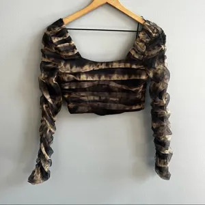 Zara CORSETRY TULLE CROP TOP Black Tan Long Sleeve Mesh Cropped Top Small NWT thumbnail 7