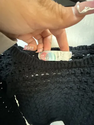 Free People FP Beach Black Open-Knit Crochet Cropped Sweater with Back Tie thumbnail 2