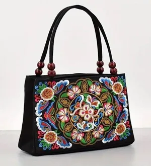 Women's Stylish Floral Embroidered Tote Handbag, Trendy Zipper Canvas Bag thumbnail 1