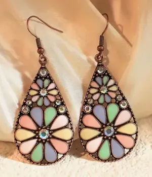 Handmade Floral Teardrop Earrings with‎ Multicolor Enamel thumbnail 1