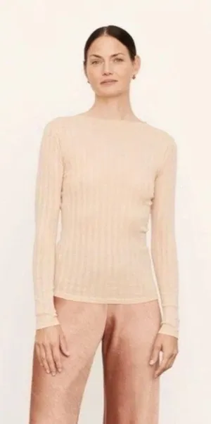 Vince Womens Ribbed Boat Neck Long Sleeve Top Peach Nude Slim Fit Size M thumbnail 1