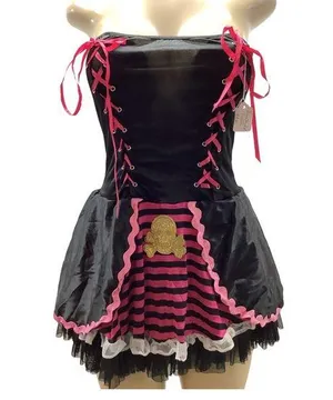Black and Pink Vintage Corset Dress with Gold Skull and Ruffle Trim thumbnail 1