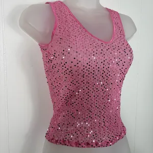 Vintage Y2K The Limited Pink Sequin Sheer Smocked Mesh Fitted Tank Top Clubbing thumbnail 3