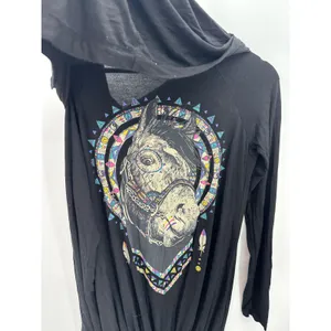 Lauren Moshi Beverly Hills Black Horse Boho Button‎ Front Hoodie Shirt Small thumbnail 3
