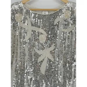 Vintage Elegance by Anujan 100% Silk Sequin Top Small Beaded White‎ Silver Party thumbnail 3