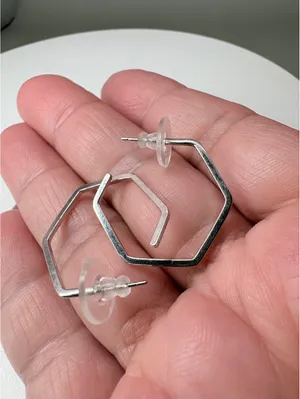 Silver Tone Geometric Hexagon Hoop Earrings Open Hoop Studs with Free Backs thumbnail 3