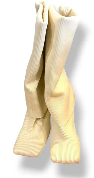 Cream Ribbed Knit Thigh High Boots Square Toe Stiletto Heel Size 9 thumbnail 1