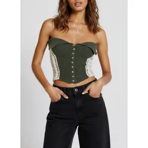 JADED LONDON Akio Knitted Corset Top, Olive, XS thumbnail 2