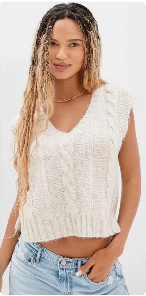 American Eagle Womens Wool Blend Fisherman Cable Knit Sweater‎ Vest Size S Beige thumbnail 1