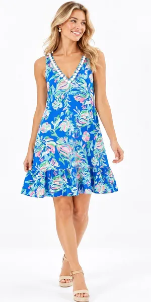 Lilly Pulitzer Camilla Swing Dress Womens L Blue Fancy Fins Pom Pom V-Neck thumbnail 1