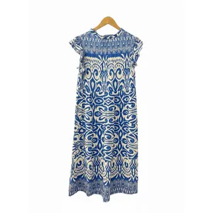 Umgee USA Blue‎ White Ikat Damask Ruffle Sleeve Midi Babydoll Dress Large B8620 thumbnail 4