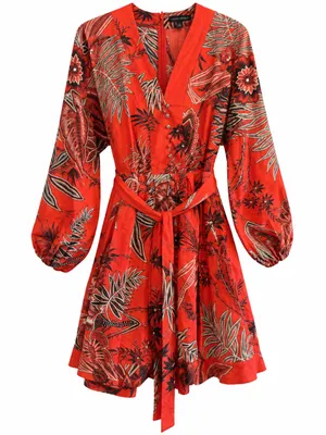 Banana Republic Mini Dress Womens S Red Excellent Tropical Balloon Sleeve Belted thumbnail 2