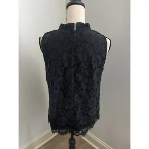 Ann Taylor Black Floral Lace Blouse Medium Ruffle Neck Office Chic Preppy Goth Coquette thumbnail 4