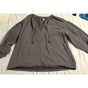 Aerie Gauze Fleece Pullover Boho Gray V-Neck Tassel Tie‎ Large thumbnail 2