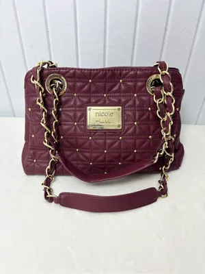 Nicole Miller Quilted Shoulder Bag‎ in Burgundy with Gold Hardware thumbnail 4