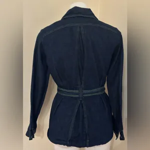 No Tag Denim Tie Blue Jean Jacket With Yellow Thread Collar Button Down Sz 9/10. thumbnail 8