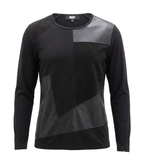 DKNY Faux Leather Suede Patchwork Top Black Mixed Media Long Sleeve Women Size M thumbnail 1