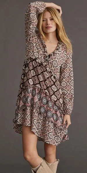 Anthropologie Mixed Print‎ Ruffle V Neck Long Sleeve Hi Low Mini Dress XS thumbnail 1