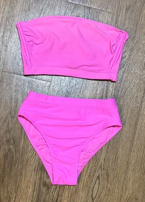 Women's‎ strapless Hot Pink Bandeau structured Bikini Set high waisted thumbnail 1