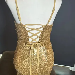 Women’s Gold Sequined Short Homecoming Dress Ruffle Hem Corset Back Size 4 NWOT thumbnail 5