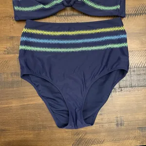 Aerie Two Piece Swimsuit Blue Embroidered Full Coverage High Waist Bottom M/L thumbnail 4