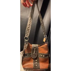 Western Ostrich Croc Embossed Studded Hobo Shoulder Bag Cognac Brown Horsebit‎ thumbnail 4