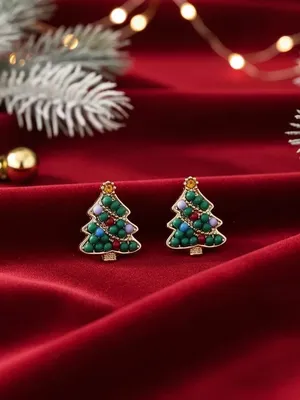 Gold-Tone Green Christmas Tree Stud Earrings with Red & Blue Accents thumbnail 3