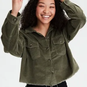 American Eagle Olive Corduroy Raw Hem Cropped Jacket thumbnail 1