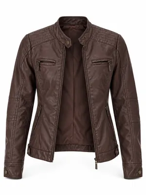 Jou Jou Brown Faux Leather Moto Jacket Zip Pockets Size XS thumbnail 2