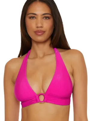 NWT Becca Ribbed Chain Ring Halter Bikini Swim Top 223157 Azalea Pink D thumbnail 1