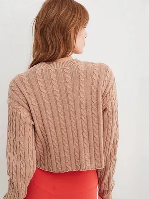 Aerie Washed Brown Cropped Cable Knit Sweater thumbnail 4
