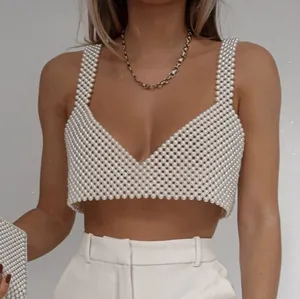 Pearl Chain Beaded Women's White V Neck Sleeveless Cami Crop Top Size S / M thumbnail 1