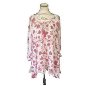 Free People Camella Mini Dress M Ivory and Pink Floral Bohemian 3/4‎ Sleeve thumbnail 4