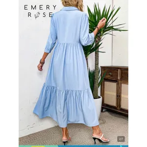 NWOT SHEIN Curve Blue Plus Size Button Front Tiered Long Sleeve Boho Dress, 2XL thumbnail 2
