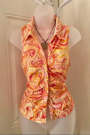 Kontrol Orange yellow psychedelic swirl halter sleeveless ruched button up down top shirt blouse stretchy thumbnail 1