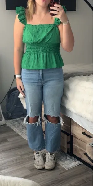 Davi & Dani Green ruffle top with square neckline and elastic waistband thumbnail 1