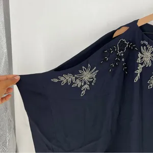 Free People Navy Blue Floral Beaded Embroidered Chiffon Dolman‎ Sleeve Dress M thumbnail 3