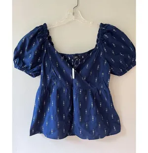 Madewell Sz M Jacquard Navy Puff Short Sleeve Cropped Top Blouse V Neck Pullover thumbnail 3