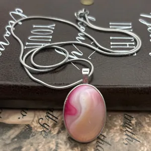 Pink Banded Agate Statement Necklace 20” Romantic Boho Gemstone thumbnail 5
