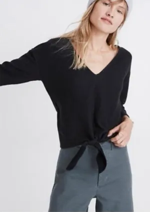 Madewell‎ Black V-Neck Sweater with Tie-Front thumbnail 1