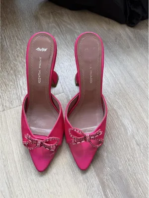 Amina Muaddi pink satin heels with rhinestone bow detail thumbnail 2