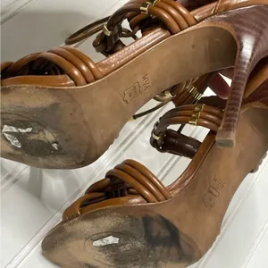 Tory Burch Tan Brown Leather Knotted Strappy Lace Up Stiletto Heels Sandals 9.5M thumbnail 5