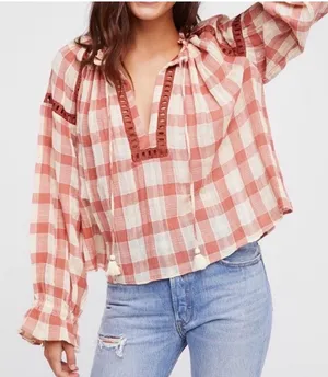 Free People NWTs Honey Grove Plaid Boho Embroidered Blouse size small Rust Cream thumbnail 1