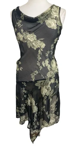 Whimsical Sheer Beaded Black Floral Cowl Neck Asymmetrical Slip Dress thumbnail 1