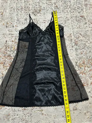 Vintage Fredericks of Hollywood black satin sheer mesh chemise slip dress size M thumbnail 4