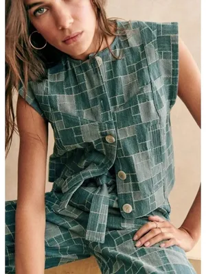 NWT Sezane Timothé Jacket in Blue Denim Patchwork Vest Top M thumbnail 1