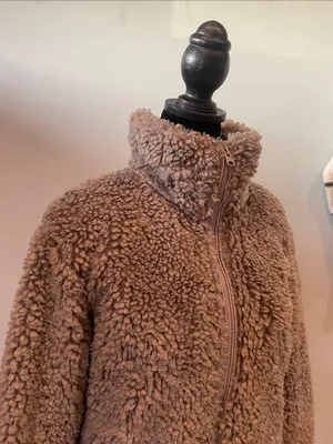 Abercrombie & Fitch Plush Teddy Zip-Up Jacket in taupe- grey color small thumbnail 2