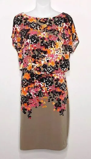 Evan-Picone Dress Size 4 Floral Taupe/Black/Pink Cold Shoulder thumbnail 1